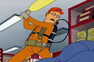 Dale in exterminator uniform about to smash something with a baseball bat