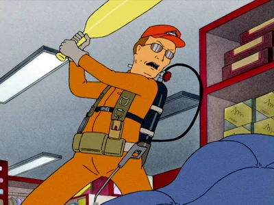 Dale in exterminator uniform about to smash something with a baseball bat