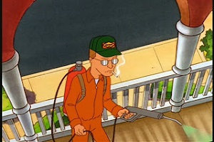 Dale in exterminator uniform spraying chemicals while smoking