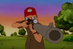 Dale aiming a rifle askew towards the viewer