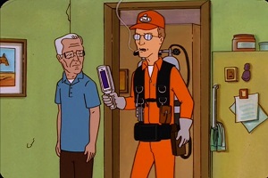 Dale in exterminator uniform holding some type of scanner